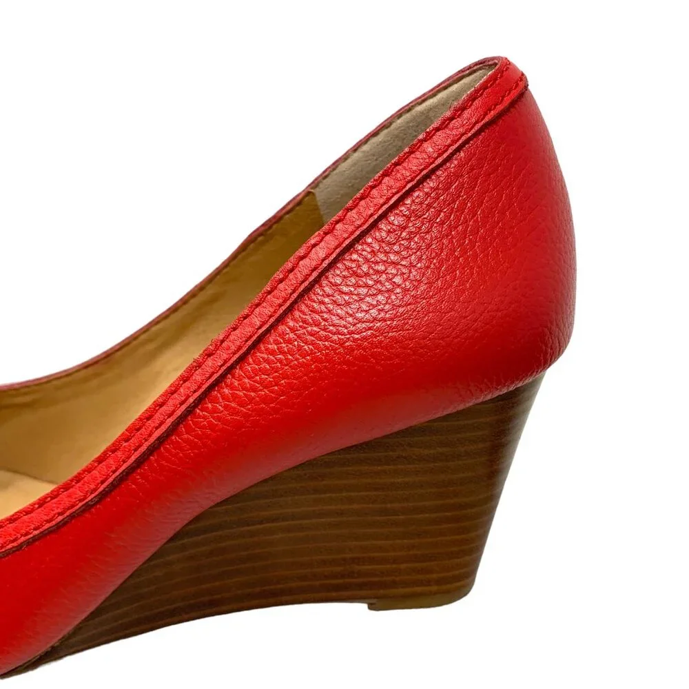 Saks Fifth Avenue‎ Coral Leather Horse Bit Peep Toe Wedge Pump